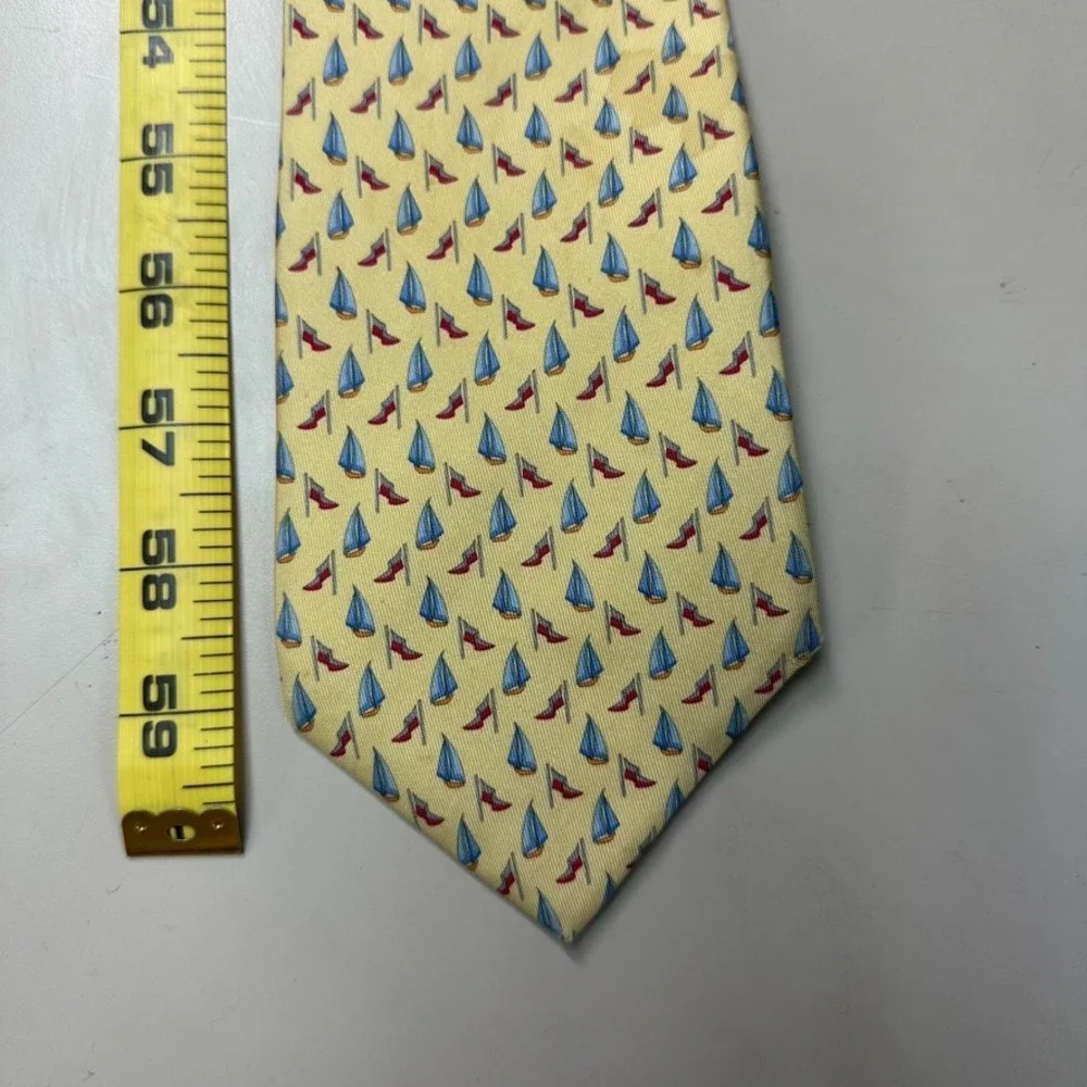 Salvatore Ferragamo Yellow Silk Tie Sailboat High Heel Shoe Novelty Print Italy